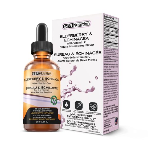 SBR Nutrition Immune Support Liquid Dietary Supplement for Adults, Elderberry and Echinacea with Vitamin C, Organic, Vegan Sambucus Extract Immune System Booster, 2 oz (60 mL)