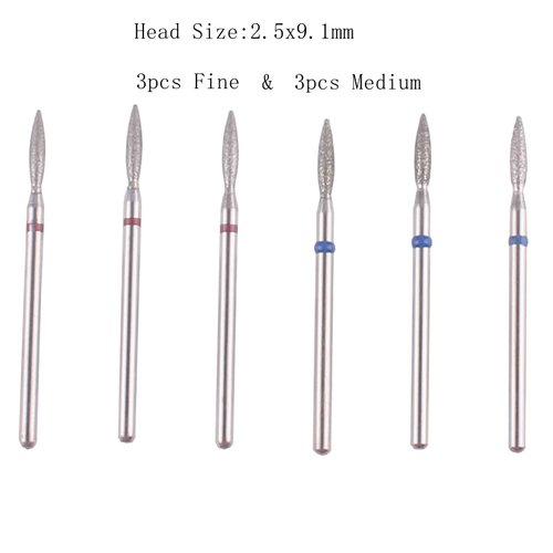 MZCMSL Flame Shape Diamond Cuticle Nail Drill Bit Set, 6pcs Pro Manicure Drill Bits for Nail Prep, 3/32 Shank efile Bit(Fine+Medium)