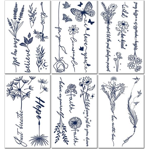 CHARLNET Semi-Permanent Tattoos for Women Girls - 2 Weeks Long Last Waterproof Realistic Flower Words Temporary Tattoos/Fades Naturally/Body Art Stickers