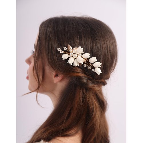 Teyglen Flower Bridal Pearl Hair Comb Handmade Gold Leaf Side Comb Wedding Hair Pieces for Bride Floral Headpieces Hair Accessories for Women Girls