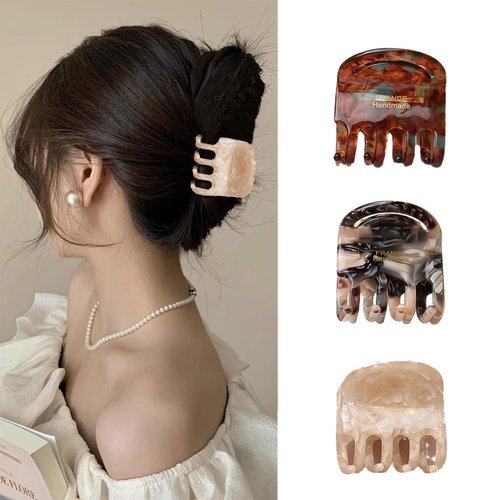 3 French Tortoise Hair Claw Clips, Celluloid Acetate Tortoise Claw Clips, French Hair Clips, Mini Claw Clips, Small Hair Clips, Non-Slip Small Hair Accessories for Women Thin Hair (Black, Gray, Brown)