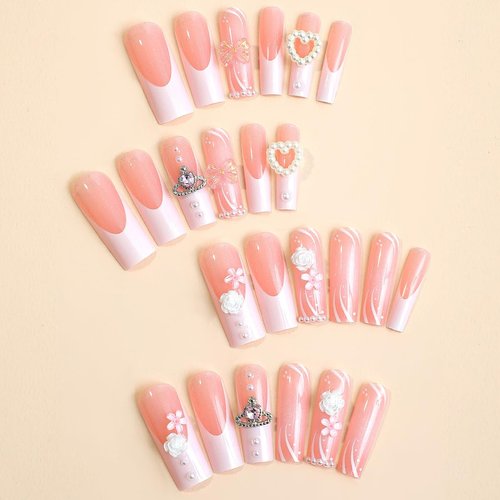 LPOODDNU 24 Pcs Press on Nails Long Square Fake Nails French False Nail Tips Glossy Pink Acrylic Nails Full Cover Pearls Charms Rhinestones Design Glue on Nails for Women and Girls