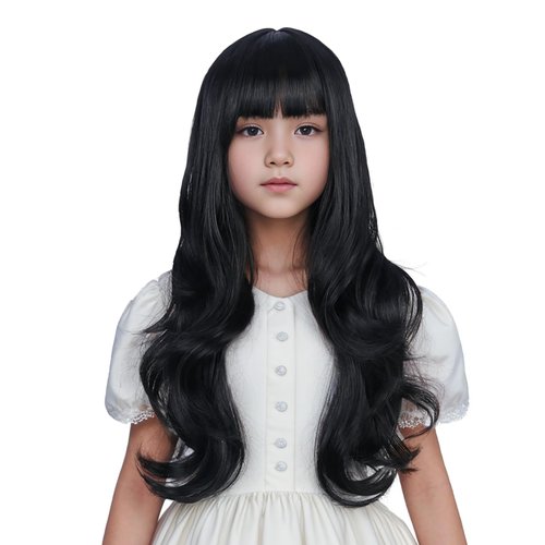 Edivd Black Wig for Child Long Natural Black Wig with Flat Bangs for Girls Long Wavy Curly Black ...