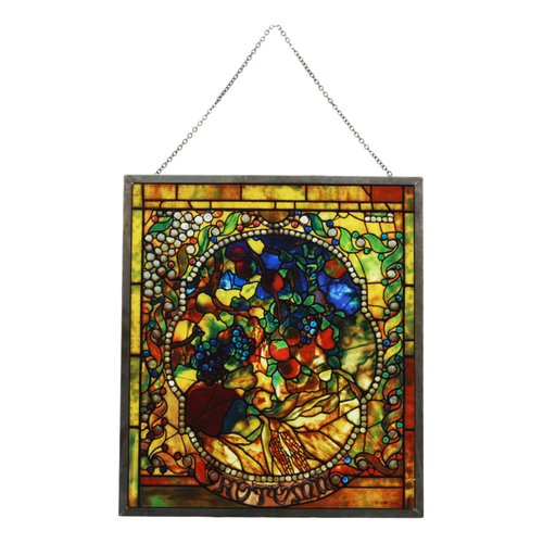 Ebros Louis Comfort Tiffany Four Seasons Collection Autumn Fall Season Stained Glass Art with Base Decor for Home and Office Decorative Cathedral Mosaic Style Glass (Fall)