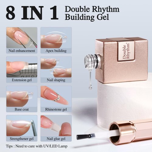 Double Rhythm Clear Gel Nail Polish 15ml Nail Strengthener Builder in a Bottle Nail Extension Hard Gel Soak Off Long Lasting UV Gel (Clear 8 in 1-1)