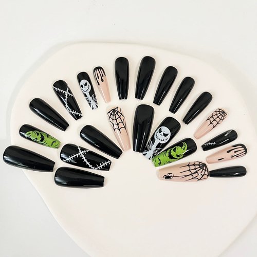 Halloween Press on Nails Long Coffin Spider Web Full Cover Fake Nails Nightmare Before Christmas Press on Nails Black Blood Stick on Nails Acrylic Nails for Women Men Girls