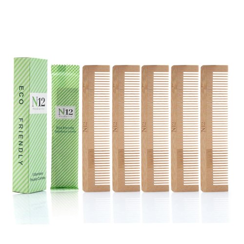 N12 Products 5 Bamboo Wood Pocket Beard Comb Set of 5, 100% Natural wooden combs for Beard, Hair, Mustache, Men & Women, Travel-Friendly, Eco-Friendly Grooming Solution