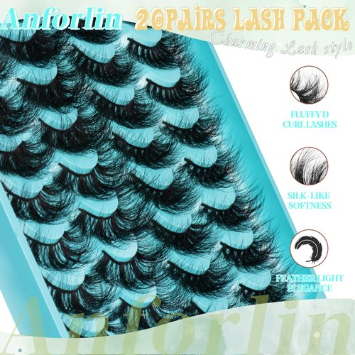 Fluffy Lashes 4 Styles 20-25MM 3D Volume D Curl Super Soft Plant Fibres Strip Lashes 20 Pairs Dramatic False Eyelashes Wispy Long Eye Lashes Mixed Multipack, by Anforlin
