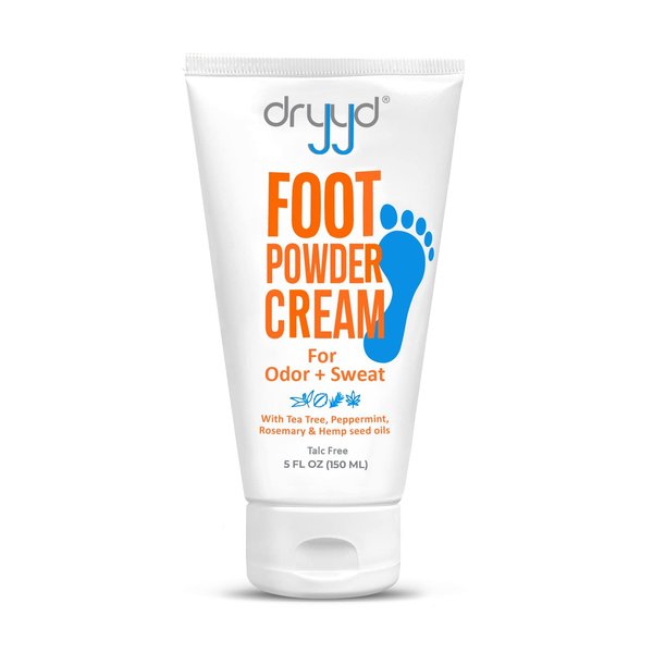 DRYYD Foot Powder Cream Lotion Deodorant for Sweaty Smelly Feet, Low Mess, Absorb Reduce & Control Odor, Talcum-Free, Tea Tree + Peppermint, Leave On Foot Mask, Men & Women, Stocking Stuffer, 5oz