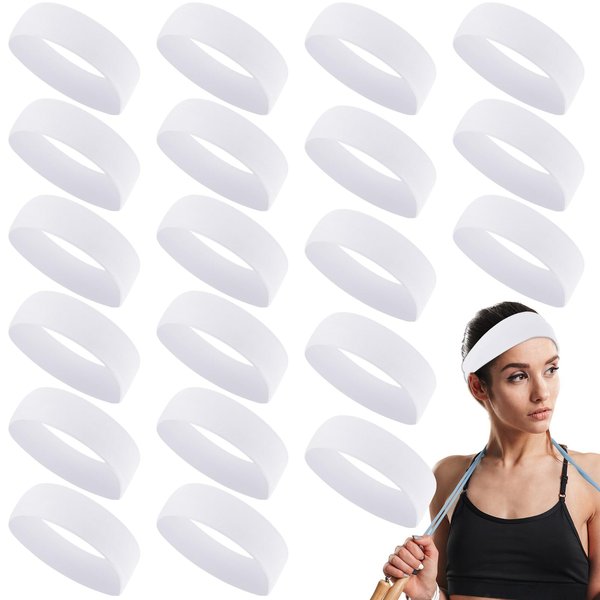 Hotop 20 Pcs Sport Headbands for Girls Women Yoga Headbands Bulk Elastic Headband Non Slip Stretchy Soft Fabric Hair Bands for DIY Team Running Basketball Soccer Pilates(White)