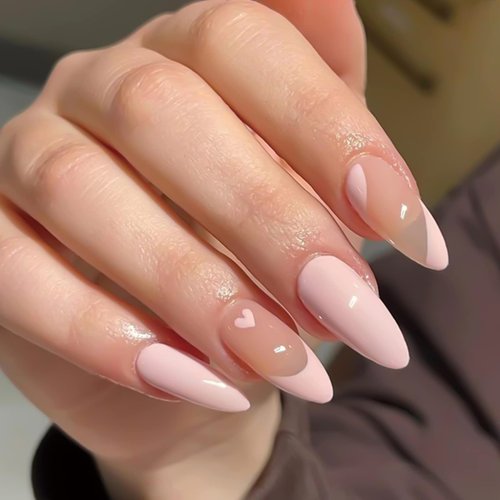 YOSOMK Light Pink Press on Nails Medium Almond Fake Nails Cute Heart Glossy Glue on Nails Artificial False Nails for Women
