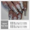 MISUD Press on Nails Long Square Fake Nails Glossy Glue on Nails Silver Chrome Swirl Acrylic Nails Squoval French Tip Artificial Nails Rhinestone Stick on False Nails with Design 24 pcs