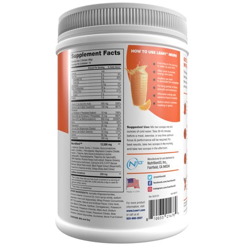 Lean1 Neuro, Mental Energy Powder Drink, orange flavor, 15 serving tub by Nutrition53