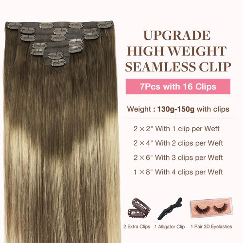 GOO GOO Clip in Hair Extensions Real Human Hair, 16inch 130g 7Pcs, 3/8/613 Balayage Walnut Brown to Ash Brown and Bleach Blonde, Remy Human Hair Extensions Clip ins for Women, Natural Human Hair