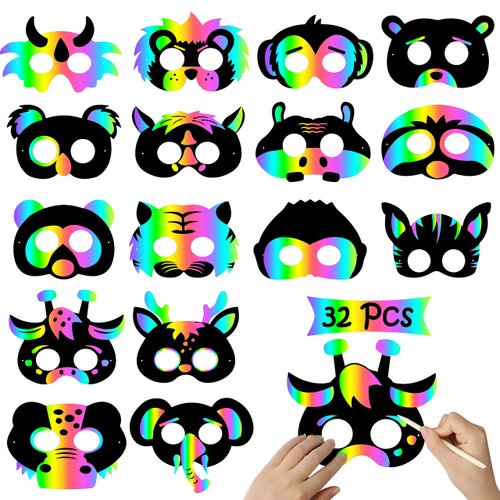 WATINC 32Pcs Scratch Paper Animal Masks, DIY Color Mask for Magic Scratch Party Favors, Birthday Gifts Pack for Children, DIY Art Craft Kit for Kids, 16 Styles with Elastic Bands &Wood Stylus