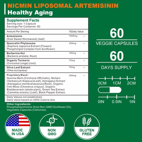 NICMIN Liposomal Artemisinin Supplement 1000mg, Sweet Wormwood Extract with 200mg Quercetin Phytosome, Maximum Absorption for Antioxidant 180 Capsules