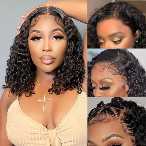LANQIHAIR 14 inch Water Wave Bob Wig 13x4 Lace Front Human Hair Bob Wigs 150 Density Brazilian Curly Bob Wigs Human Hair for Women (14 Inch)