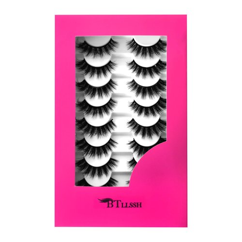 BTLLSSH 8Pair 3D5D 0.55INCH Fluffy Natural Look Faux Mink Lashes Thick False Eyelashes Volume Cat Eye Lashes Extension with Dark Pink Box