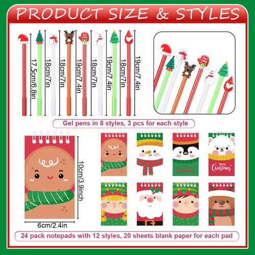 Jetec 48 Pcs Christmas Notepads Set Mini Spiral Notebook Fun Cartoon Gel Pens Snowman Pad Party Favors Christmas Goodies Bags Fillers for Birthday Home School Supplies