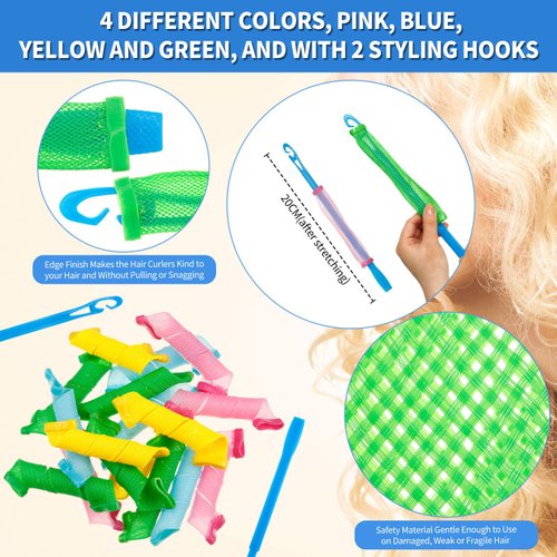 28 Pieces Heatless Curlers No Heat Spiral Curls Hair Curlers Styling Kit with 2 Pieces Styling Hooks for Most Kinds of Hairstyles (Assorted Color, 20 cm)