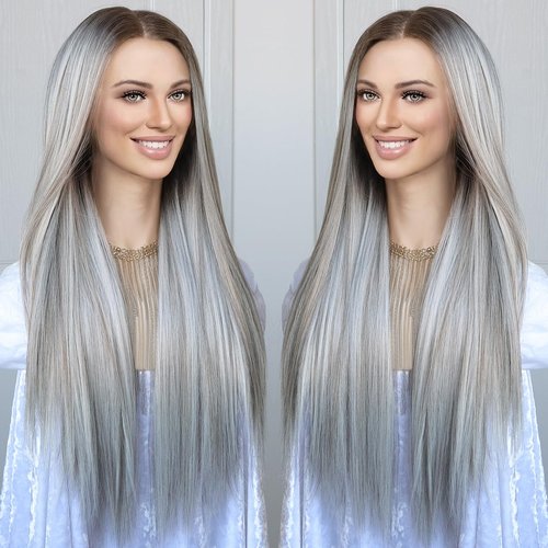 K'ryssma 13x6 Lace Front Wig Highlight Ash Blonde Grey Synthetic Lace Front Wigs Pre Plucked for Women Glueless Long Bone Straight Ombre Cyan Gray 13x6 Lace Frontal Wig 24 Inches