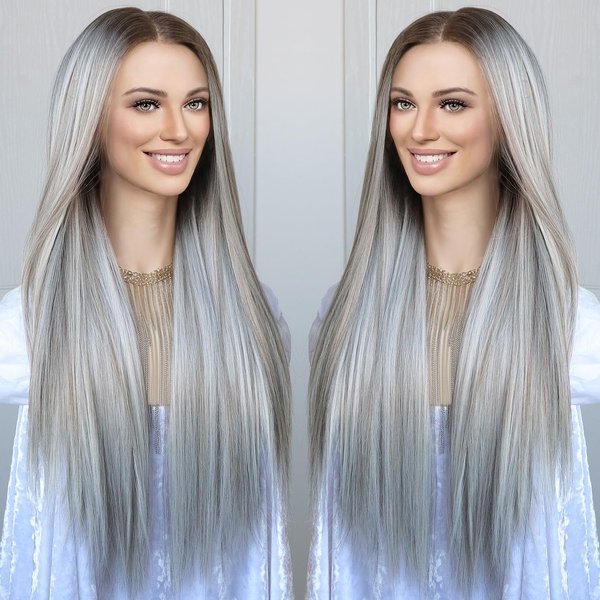 K'ryssma 13x6 Lace Front Wig Highlight Ash Blonde Grey Synthetic Lace Front Wigs Pre Plucked for Women Glueless Long Bone Straight Ombre Cyan Gray 13x6 Lace Frontal Wig 24 Inches