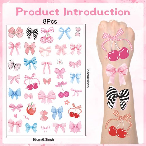 Lovarywow Bows Temporary Tattoos Stickers - 200+ Coquette Birthday Decorations Cute Bow Cherry Ribbon Fake Tattoos Stickers Gift Theme Party Favors Supplies Body Art for Girls Prizes Classroom
