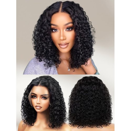 Luxangeles 12" Short Curly Bob Wig Human Hair Pre Plucked Pre Cut Lace Wig Natural, Glueless Curly Wigs Human Hair 13x4 Deep Wave Closure Wig 150 Density Curly Glueless Wig Bleached Knots