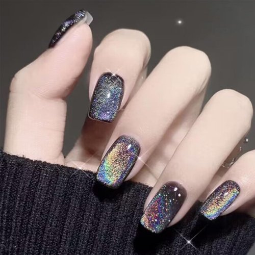 Black Cat Eye Press on Nails Short Square Fake Nails Black False Nails with Designs Colorful Glitter Full Cover Acrylic Nails Glossy Glue on Nail Artificial Stick on Nails for Women Decorations 24Pcs