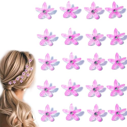 MOODKEY 20PCS Mini Flower Hair Clips with Rhinestone, Cute Flower Hair Clips Wedding Hair Pins Flower Crystal Hair Accessories for Women Girls Wedding Clip Bridesmaid Party Ceremony (Pink)