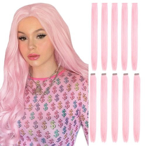 Light Pink Hair Extensions Clip In Neon Hair Extension Hairpieces Party Highlights Synthetic Halloween Hair Accessories Colored Straight Extension Clip Ins for Kids Girls 22" 10pcs