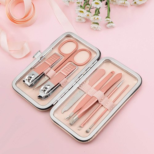 Manicure Set, 8 In 1 Stainless Steel Professional Pedicure Kit Nail Scissors Grooming Kit with Pink Leather Travel Case Pink