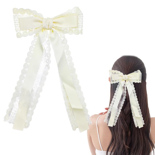 Beige Lace Hair Bows, Aesthetic Hair Bows for Women, Lace Hair Bow Clips, Lace Hair Ribbon Bow Metal Clips, Hair with Long Tail Hair Accessories, Cute Hair Accessories