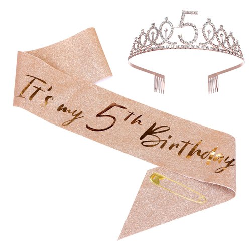 JasperKino 5th Birthday Sash and Tiara Set Rose Gold Birthday Sash Crown Birthday Party Favors Su...