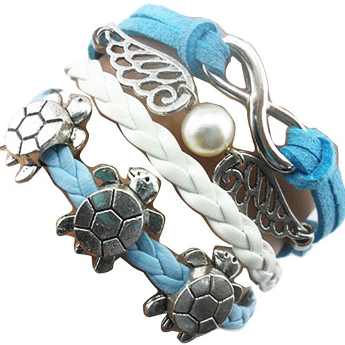 Ac Union Handmade Adjustable Leather Bracelet, with Infinity Tortoise Wings Metal Charm Friendship Gift for Women Gril