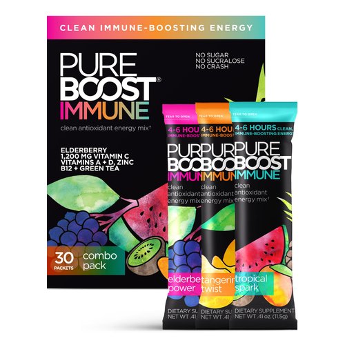 Pureboost Immune Clean Energy Drink Mix: Immunity Supplement with Elderberry, 1200 mg Vitamin C, Vitamins A + D, Zinc, 28 Vitamins, Minerals and Supernutrients (Combo, 30 Count)