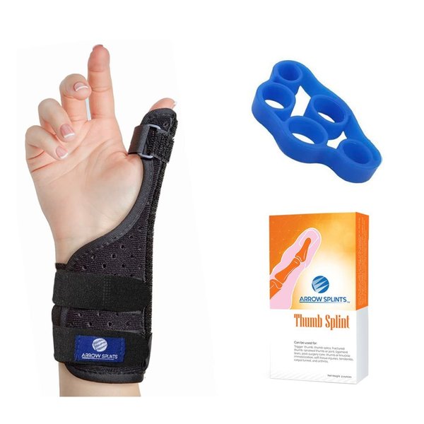 Arrow Splints Thumb Brace | for Arthritis, Trigger Thumb, Carpal Tunnel, Thumb Stabilizer, Tendonitis, Sprain - Thumb Spica Splint is Reversible to fit Right & Left Hand Thumb Splint + Thumb Exerciser