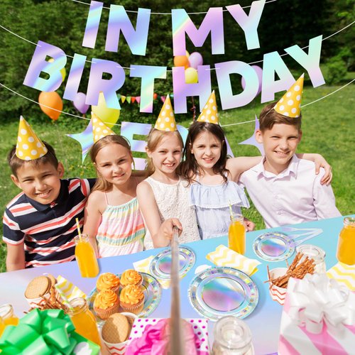 Iridescent Party Decorations, 99 Pcs Laser Birthday Party Decorations Include 1 Pc In My Birthday Era Banner, 2 Pcs Tablecloth, 48 Pcs Birthday Party Plates, 24 Pcs Napkins and 24 forks Set