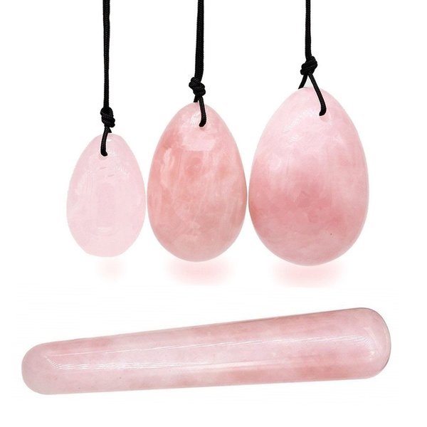 4Pcs Set Jade Yoni Eggs Stick,3 Pcs Drilled Natural Rose Quartz Crystal Jade Eggs Massage Stone + 1 Pcs Massage Stick for Women Kegel Exercise Strengthen Pelvic Floor Muscles