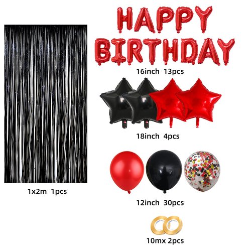 Red Black Birthday Party Decoration Kit - Happy Birthday Banner,Fringed Curtain,Latex Balloon and Confetti Balloons for Girls and Womens Birthday Party Supplies