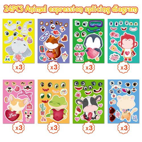 24 Sheets Animal Expressions Make a Face Stickers, Animal Party Games Stickers for Kids, Make Your Own Stickers for Kids Birthday Party Favors Classroom Rewards, Animal Themed Art Craft Supplies