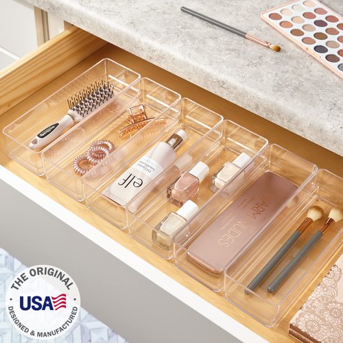 STORi SimpleSort 6-Piece Stackable Clear Drawer Organizer Set | 9" x 3" x 2" Rectangle Trays | Narrow Makeup Vanity Storage Bins and Office Desk Drawer Dividers | Made in USA