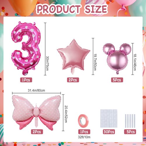 Kaemi 10Pcs Mini Mouse Balloons Pink Huge Bow Birthday Number Balloons Set Aluminum Foil Balloons for Baby Shower 3rd Birthday Party Decorations