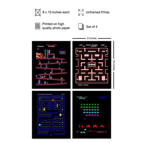 Classic Arcade Games Wall Art Prints - Arcade Decor - 8x10 Set for Man Cave, Den, Family Room, Bar, Bedroom - Gift for Gamers, Video Game, Pacman, Ms Pacman, Donkey Kong, Space Invaders Fans