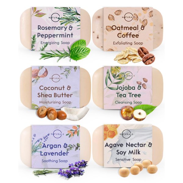 O NATURALS 100% Natural Bar Soap - Assorted 6 PCS Soap Gift Set - Organic Ingredients & Essential Oils - Spa Gifts for Women & Men, Body Wash Soap Bar & Face Soap for Acne - Triple Milled Soap Bars