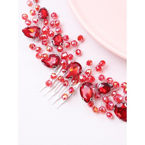 Brihasory Bride Wedding Hair Comb Rhinestone Bridal Hair Accessories Flower Hair Piece Party Prom Valentine Day Side Comb Crystal Hair Clips for Women and Girls Hair Decoration(Red)