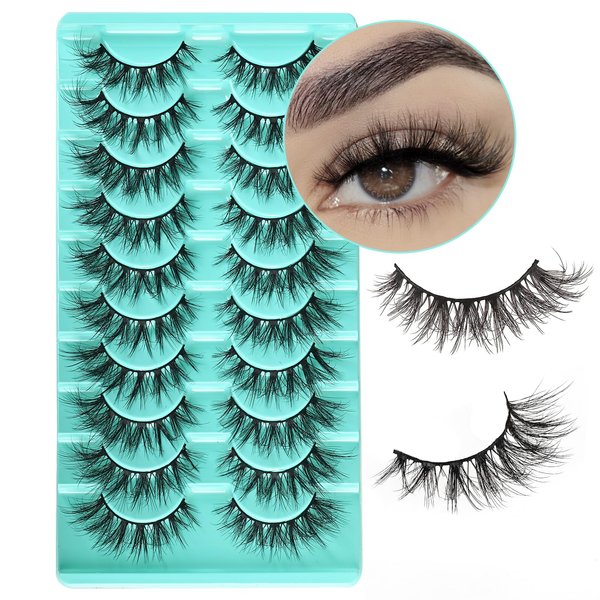 APCYUST Mink Lashes Wispy Eyelashes 10 Pair Natural Fake Lash Pack Fluffy Lashes False Short Strips Eyelash Reusable 3D Cat Eye Pestañas Cluster Set that Looks Like Extensions for Daily Makeup
