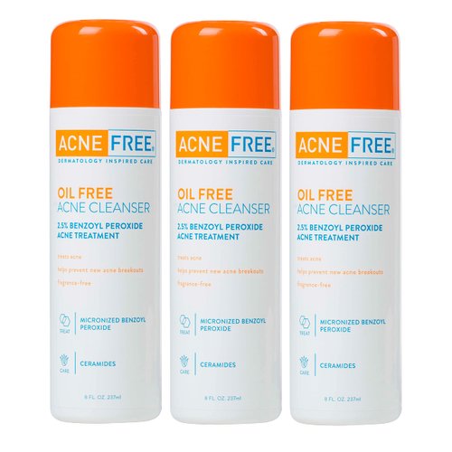 AcneFree Oil-Free Acne Cleanser for Oily Skin and Acne Prone Skin Formulated with Benzoyl Peroxide 2.5%, helps Clear Blemishes and Nourish Skin, 8 Fl Oz (Pack of 3)