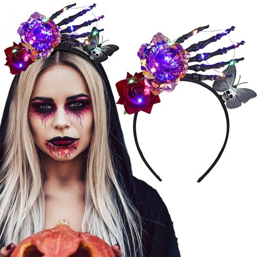 Firuilo Light Up Flower Headbands Gothic Skeleton Butterfly Hairbands Day of The Dead Head Hoops Glowing Floral Halloween Party Cosplay Costumes Hair Accessories for Women