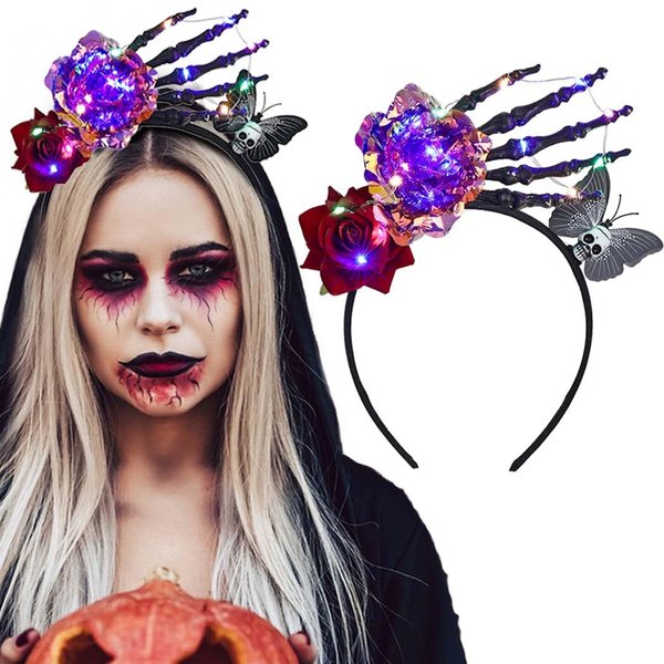 Firuilo Light Up Flower Headbands Gothic Skeleton Butterfly Hairbands Day of The Dead Head Hoops Glowing Floral Halloween Party Cosplay Costumes Hair Accessories for Women